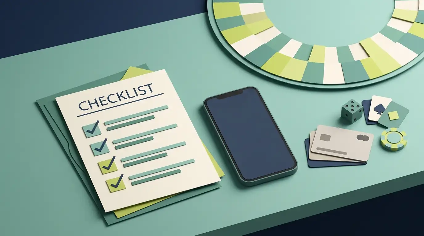 A notebook and mobile phone beside neutral casino symbols