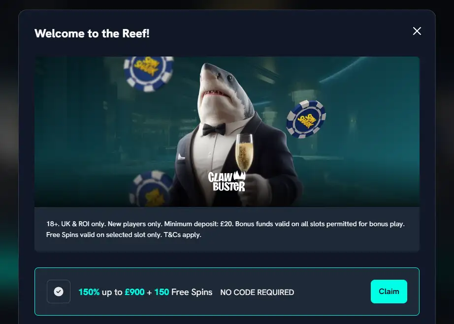 SpinShark promotions show a pound-denominated welcome headline