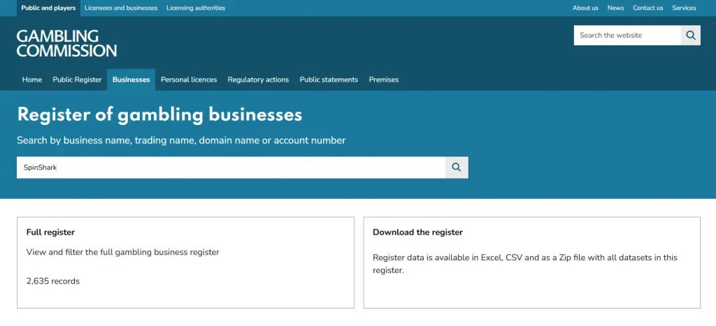 Gambling Commission public business-register search page