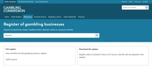 Gambling Commission public business-register search page
