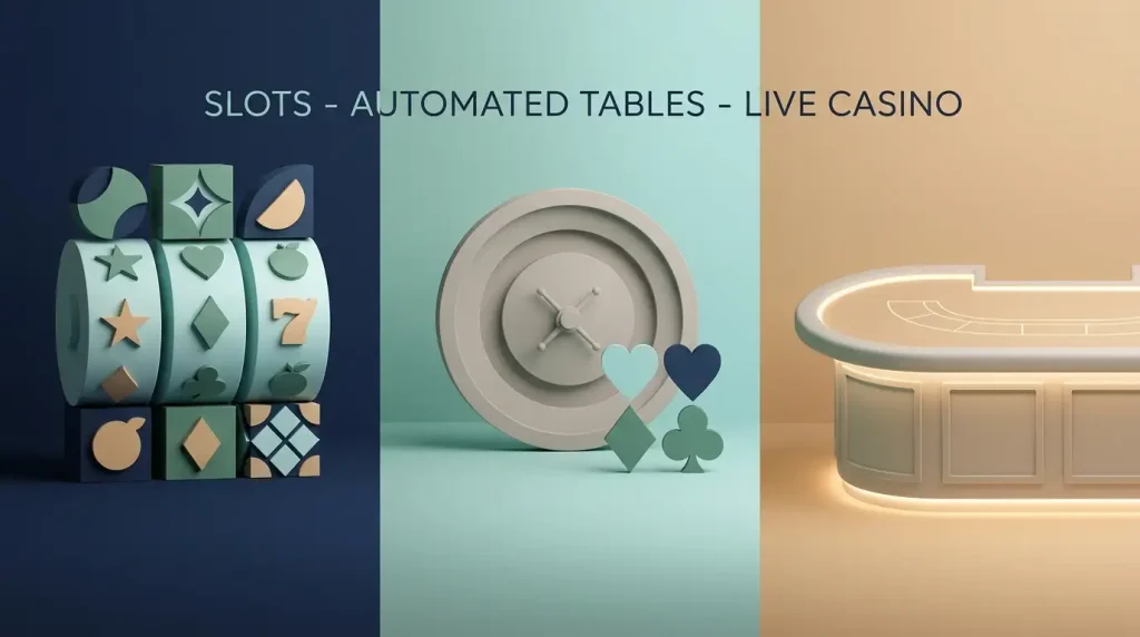 Slot symbols, a roulette wheel shape and an empty live-table setting