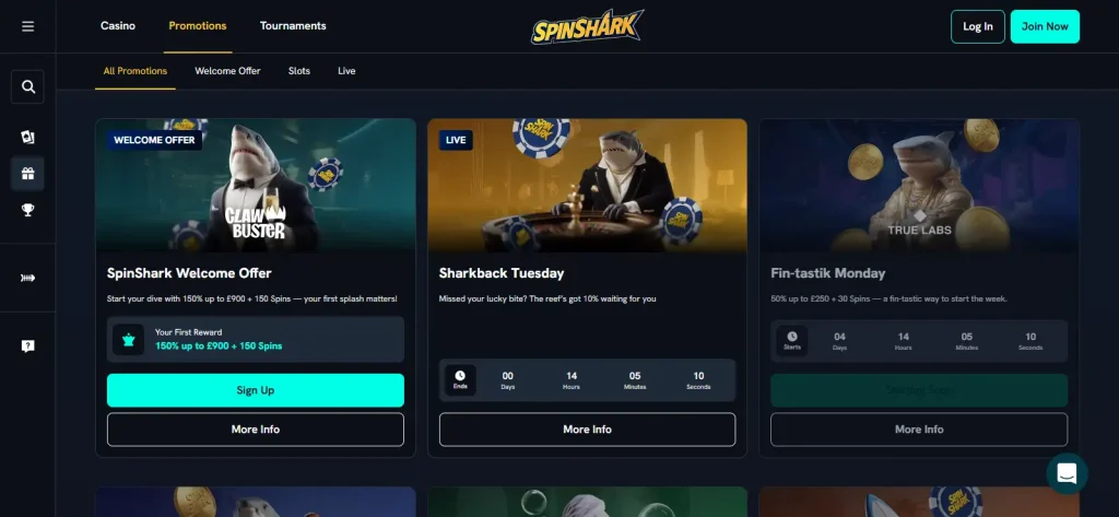 SpinShark welcome promotion displayed on the brand promotions page